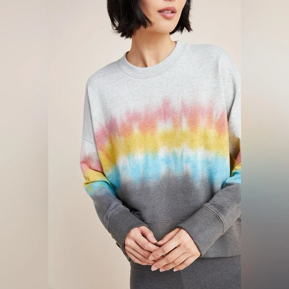Sundry Gray Sweatshirt with Pink Yellow and Blue Tie-Dye Stripe - Picture 1 of 5